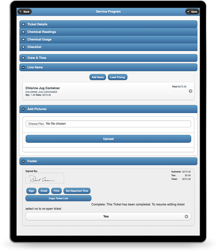 QuickBooks Business Management Software line items and signature capture on mobile app