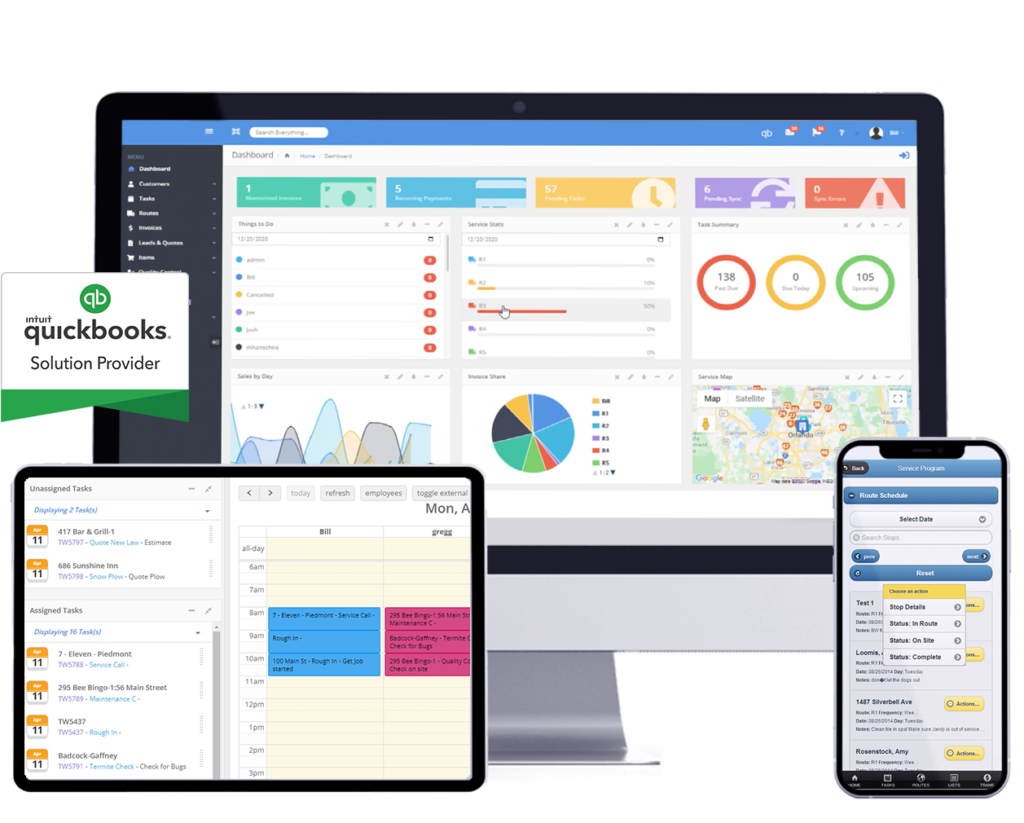 the service program dashboard, scheduler and route schedule shown on multiple devices