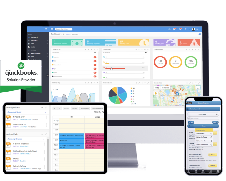 the service program dashboard, scheduler and route schedule shown on multiple devices