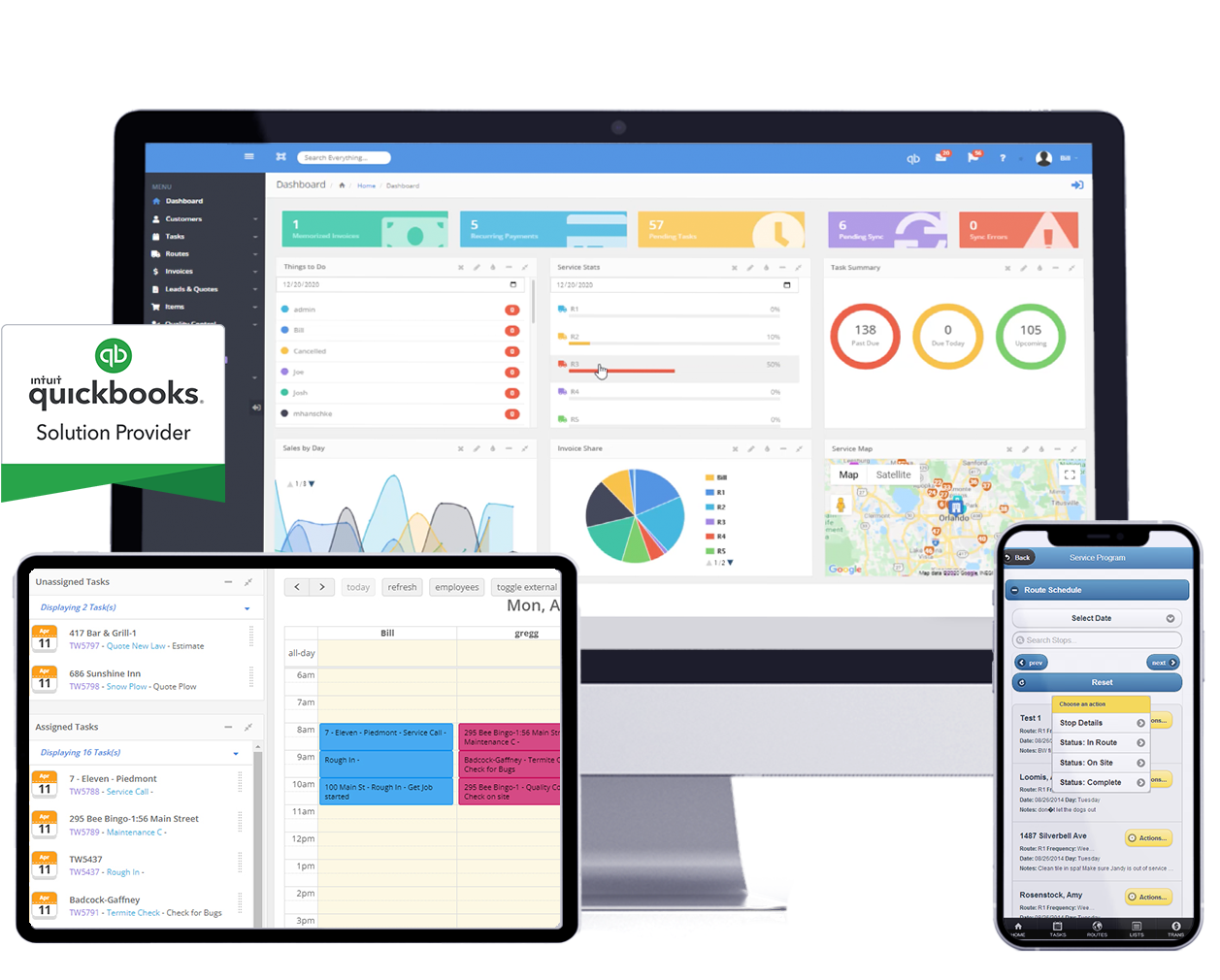 the service program dashboard, scheduler and route schedule shown on multiple devices