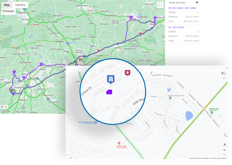 map showing driver route and most recent location