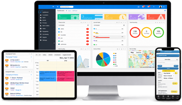 Pool service software dashboard on desktop, tablet and mobile devices