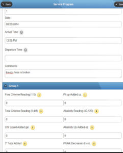 Pool service technician chemical readings and chemical usage form