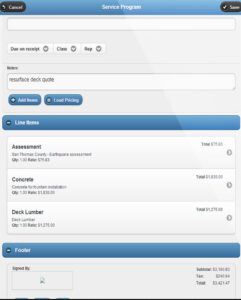 Pool repair quote and line items in mobile pool service software