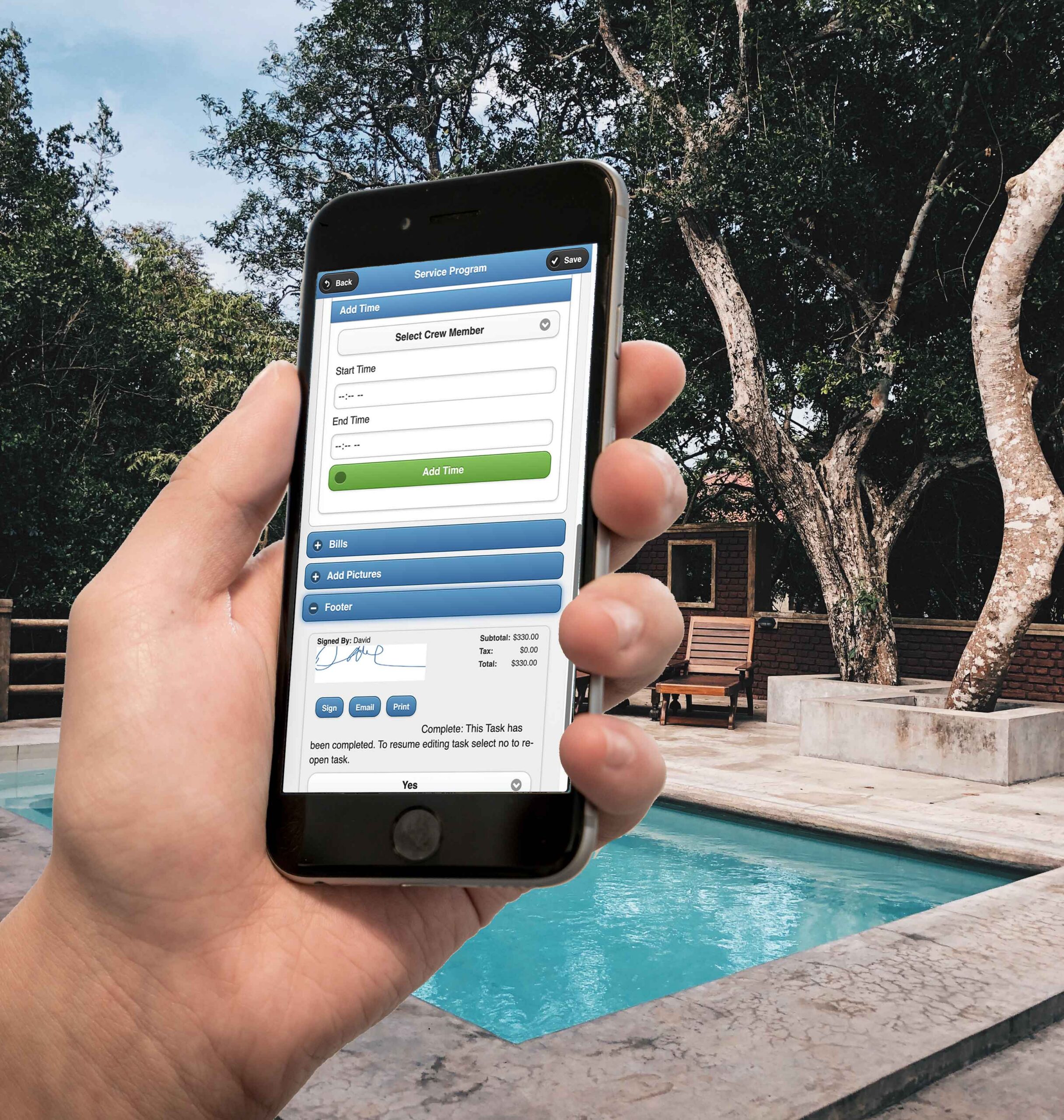 Pool service software mobile app used by a technician at a swimming pool